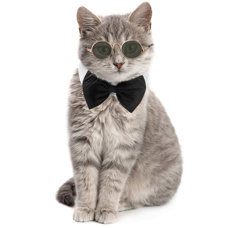 Syhood 2 Pieces Pets Dog Cat Bowtie Tie Sunglasses Pets Costume Adjustable Formal Necktie Collar for Cats Small Dogs Puppy Round Metal Classic Retro Sunglasses Grooming Accessories Cosplay Party(Black White) - Image 1